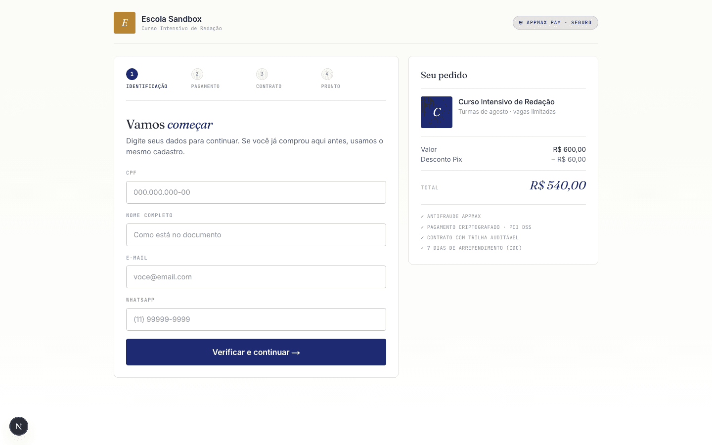 Checkout do Appmax Edu para venda de mentoria e produto high ticket, com Pix, cartão parcelado e boleto