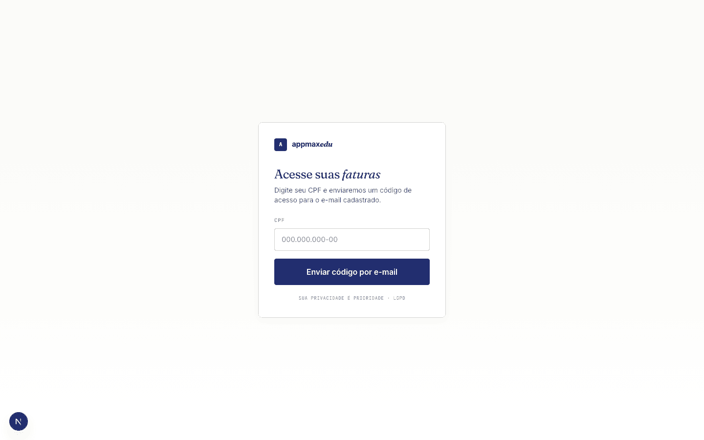 Portal do responsável do Appmax Edu, acesso sem senha por CPF e código enviado por e-mail